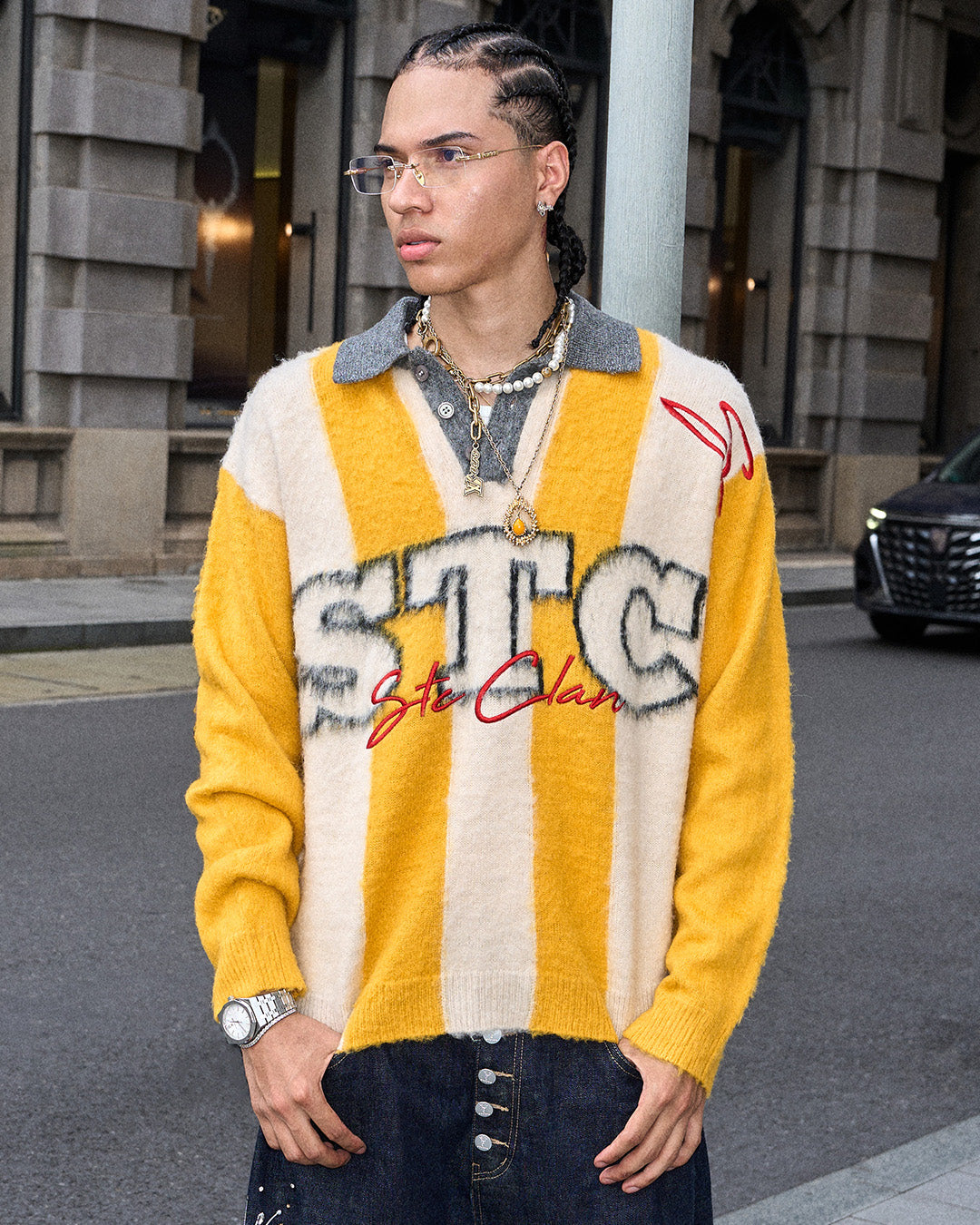 STEEPC Vertical Stripe Brushed Knit Polo Sweater