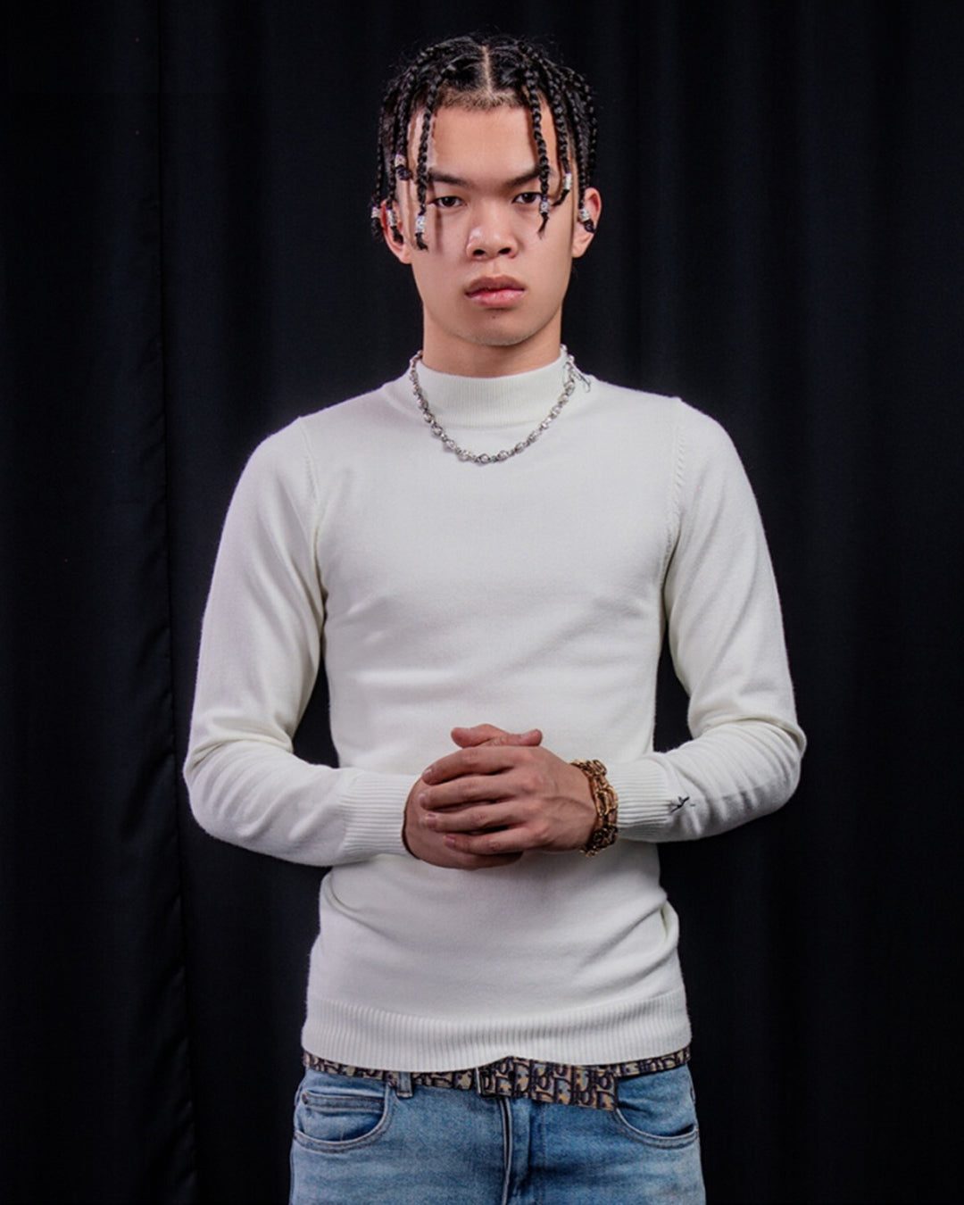 TGFCLUB Embroidered Half Turtleneck Slim Fit Knit Sweater