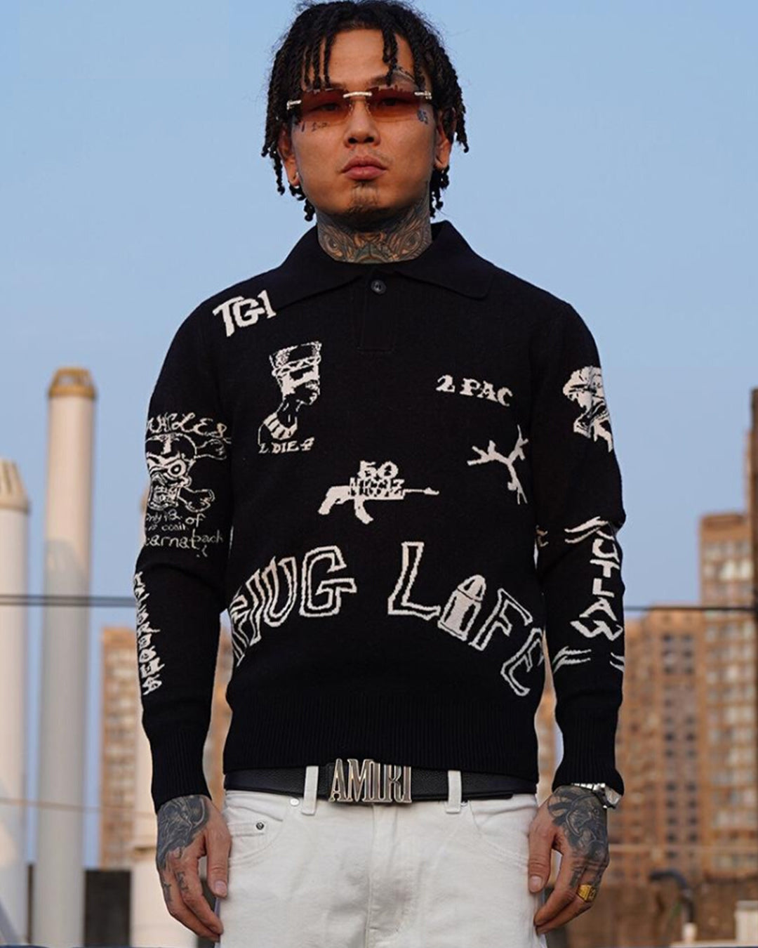 TGFCLUB 2PAC Tattoo Slim Fit Polo Knit Sweater