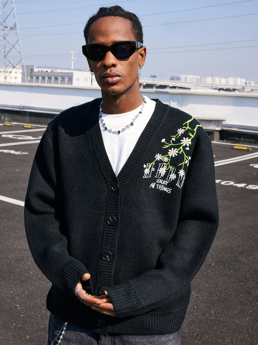 MEDM Flower Logo Embroidered Knit Cardigan