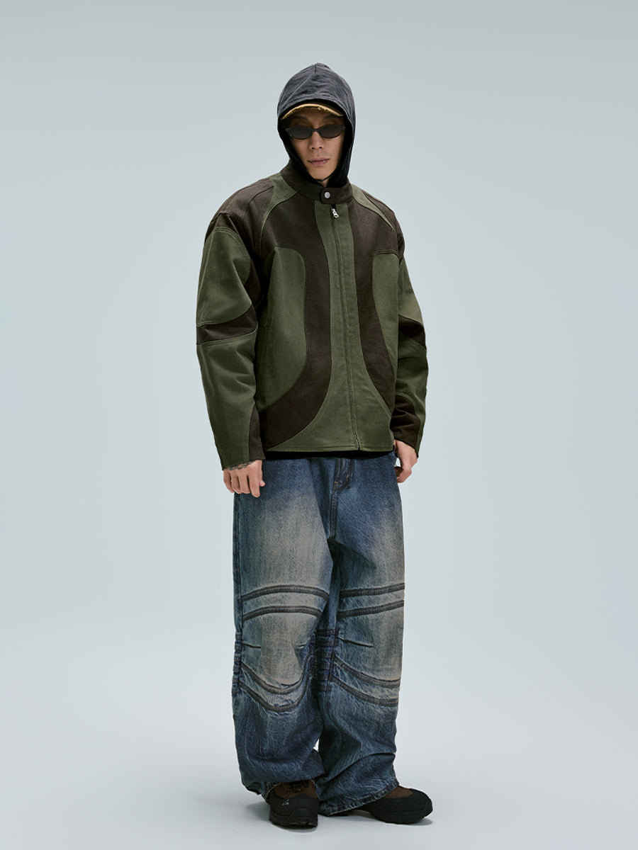 F2CE Deconstructed Stitching Contrast Color Rider Jacket