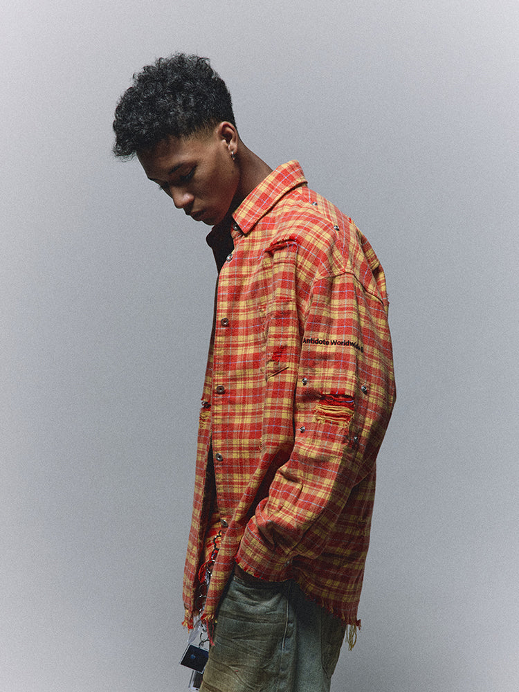 ANTIDOTE Destroyed Studded Plaid Long Sleeve Shirt