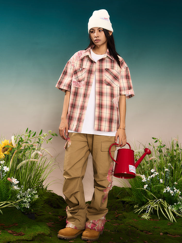 YADcrew Evening Lace Splicing Pink Plaid Short Sleeve Shirt