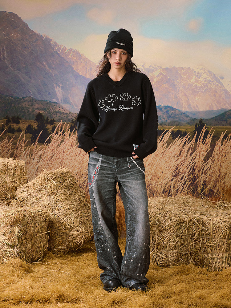 YADcrew Puzzle Pearl Jacquard Slogan Knit Sweater