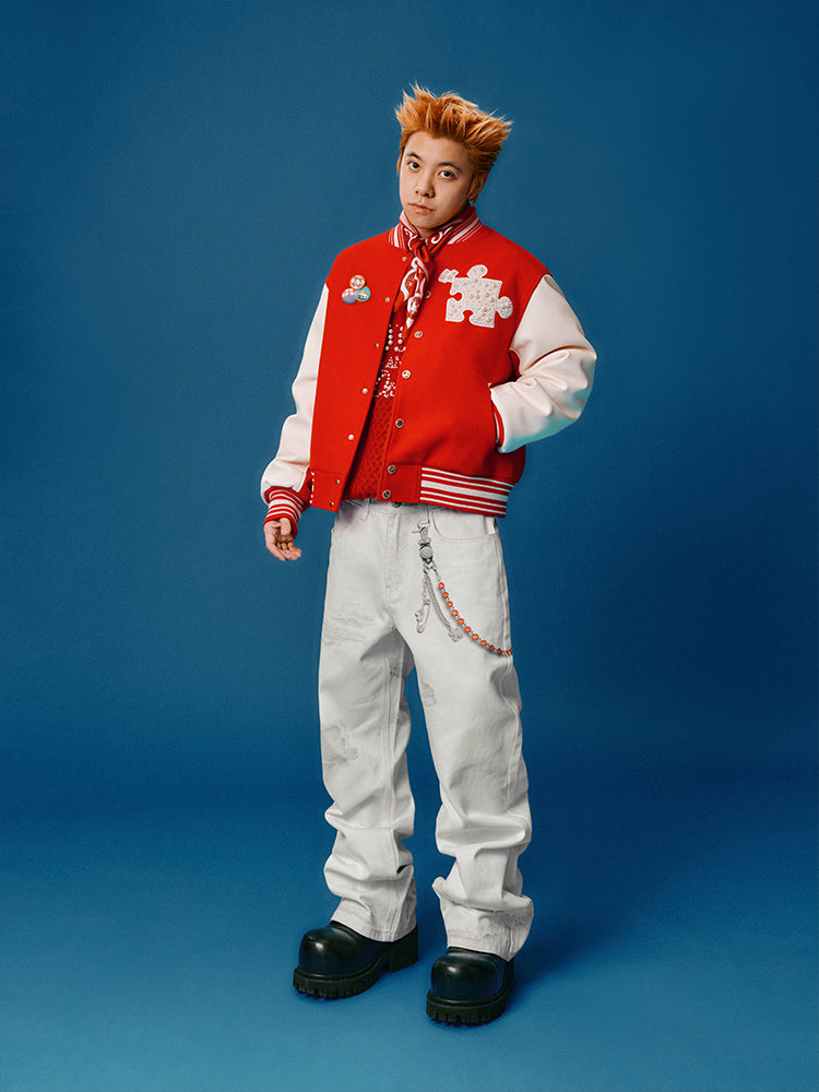 YADcrew Puzzle Snake Pearl Varsity Jacket