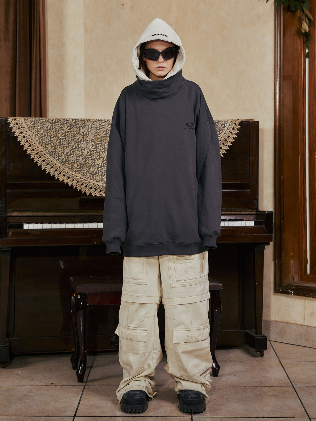 STEEPC Patchwork Turtleneck Two Tone Logo Print Hoodie