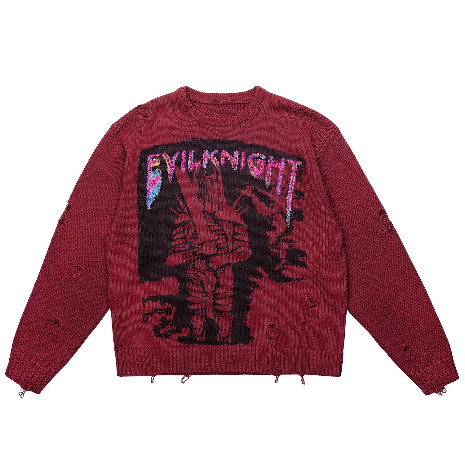 EVILKNIGHT(EK) Knight Guard Ink Print Slashed Hole Knit Sweater