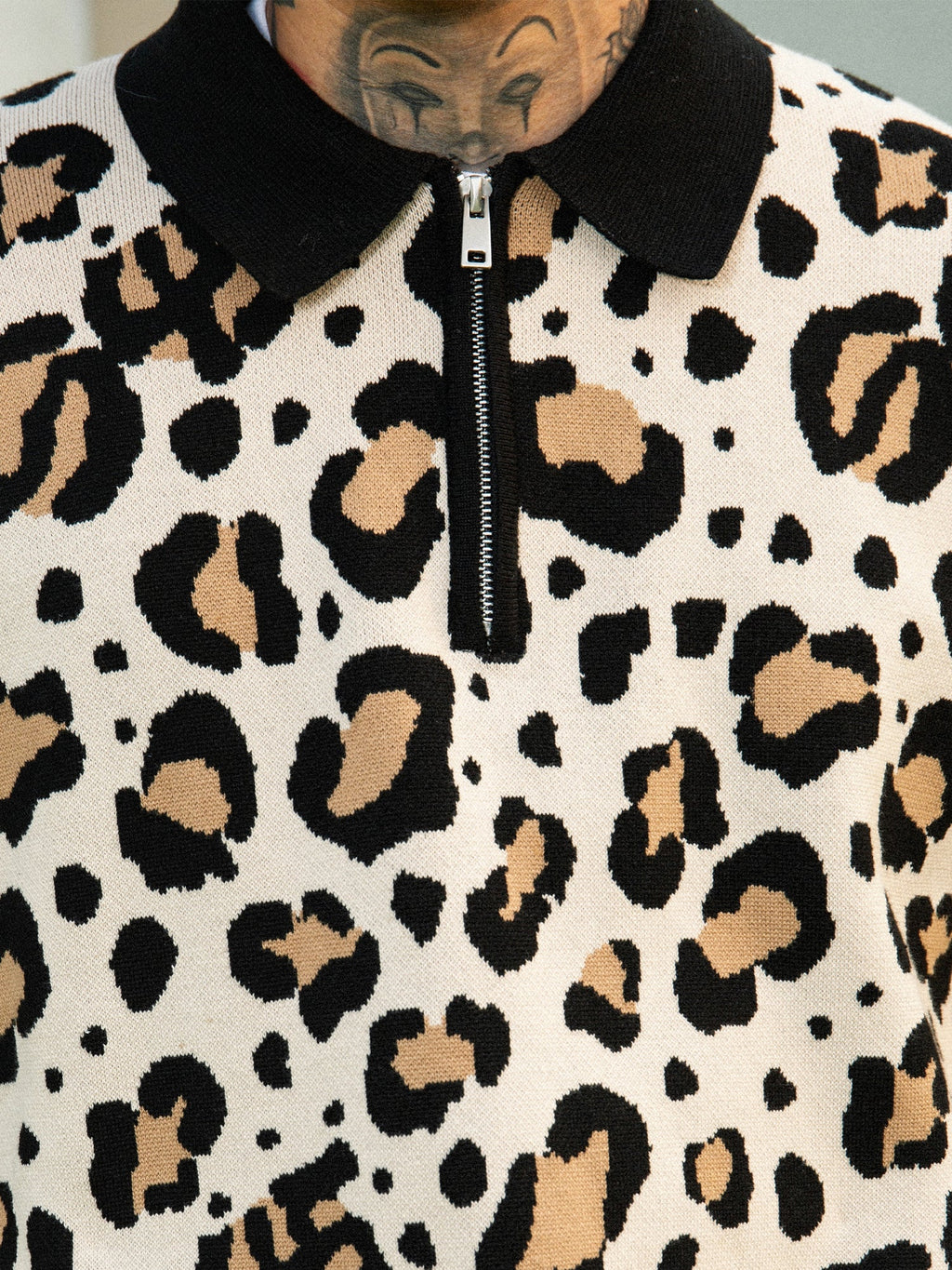 S45 Leopard Jacquard Polo Collar Knit Sweater