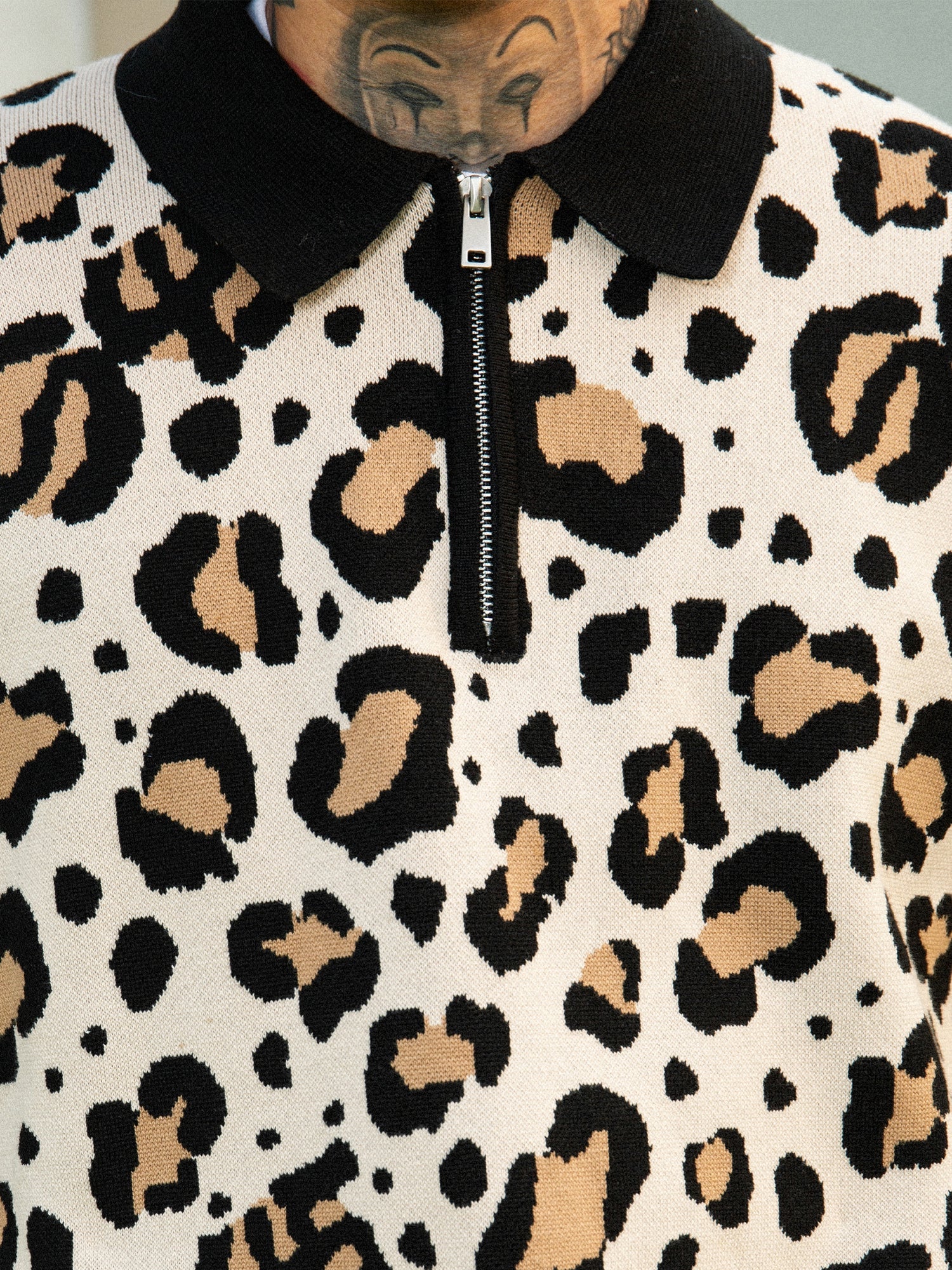 S45 Leopard Jacquard Polo Collar Knit Sweater