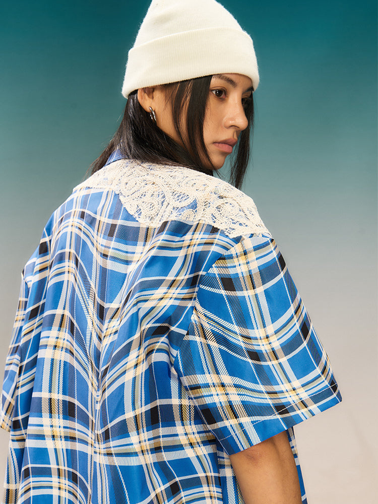 YADcrew Twisted Plaid Lace Splicing Short Sleeve Shirt