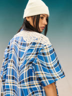 YADcrew Twisted Plaid Lace Splicing Short Sleeve Shirt
