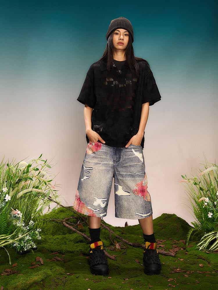 YADcrew Evening Lace Print Denim Shorts