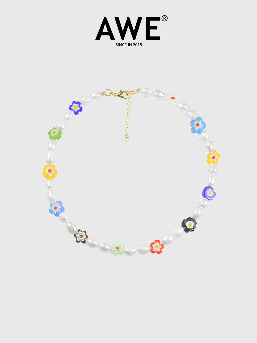 AWE Colored Glass Flower Pearl Necklace