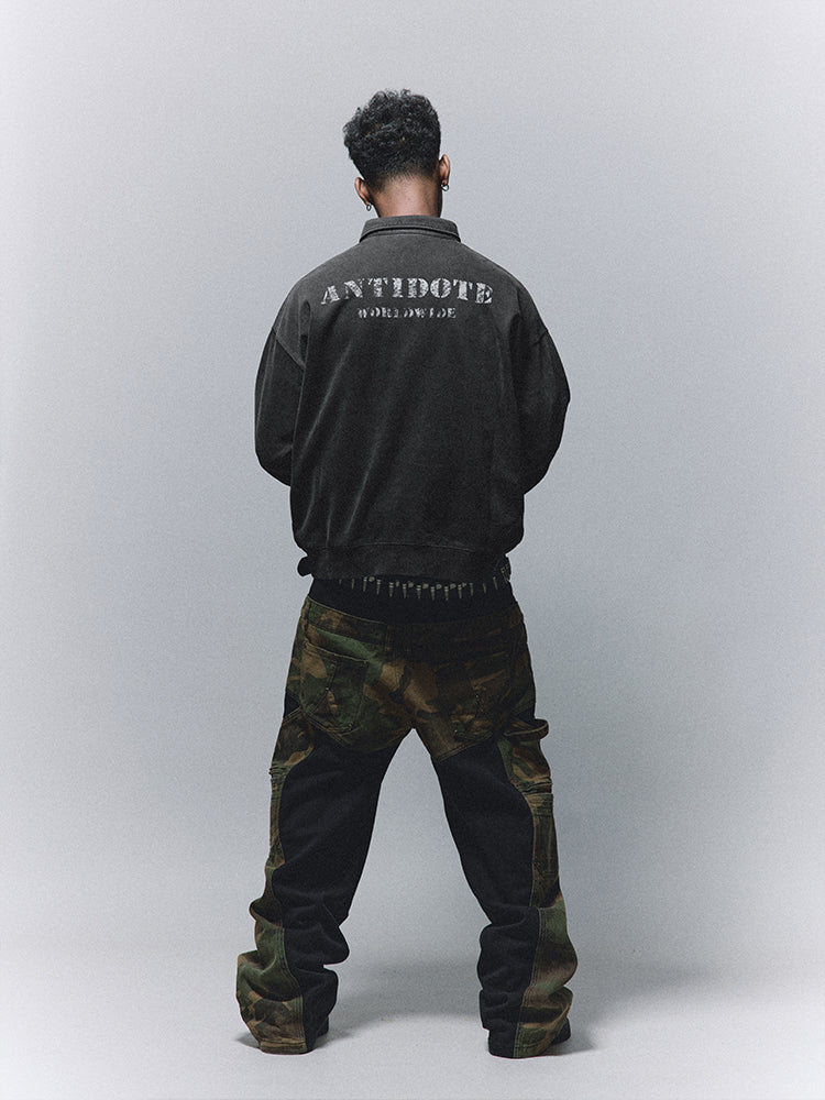 ANTIDOTE Badge Printed Washed Polo Sweatshirt