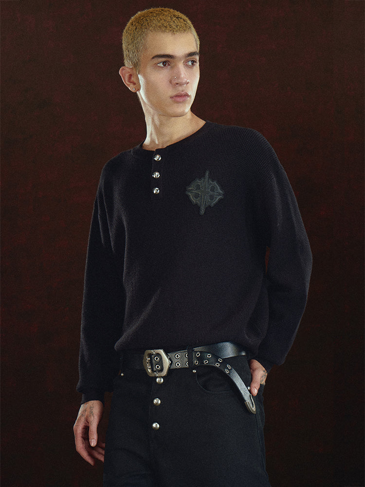 DICETINY Jacquard Leather Logo Metal Button Henry Neck Knit Sweater