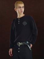 DICETINY Jacquard Leather Logo Metal Button Henry Neck Knit Sweater