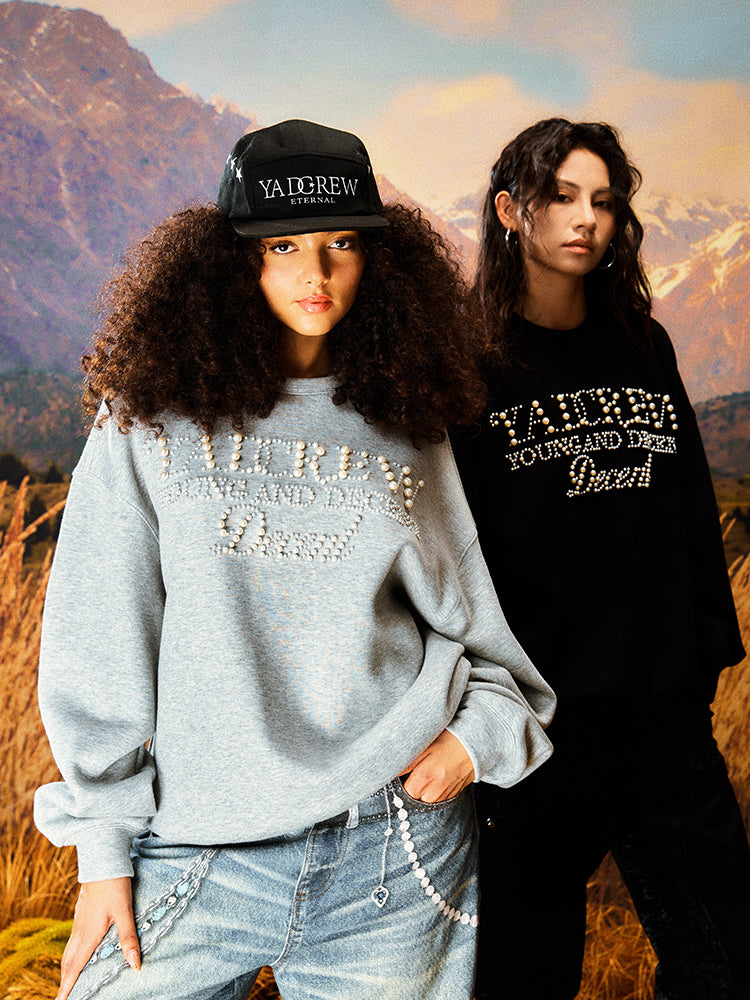 YADcrew Pearl Beadwork Text Typography Sweatshirt
