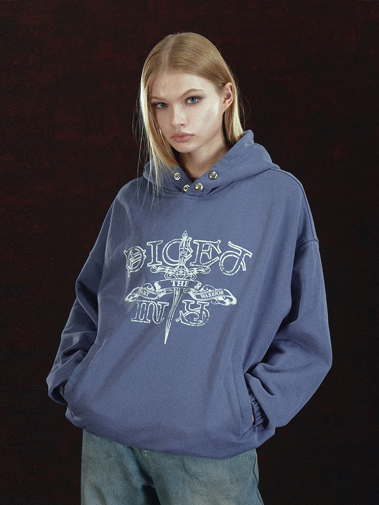 DICETINY Metal Studs Button Sword Printed Hoodie
