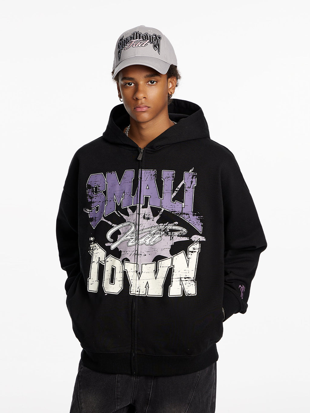 Small Town Kid Lacquered Arc Print Zip Up Hoodie