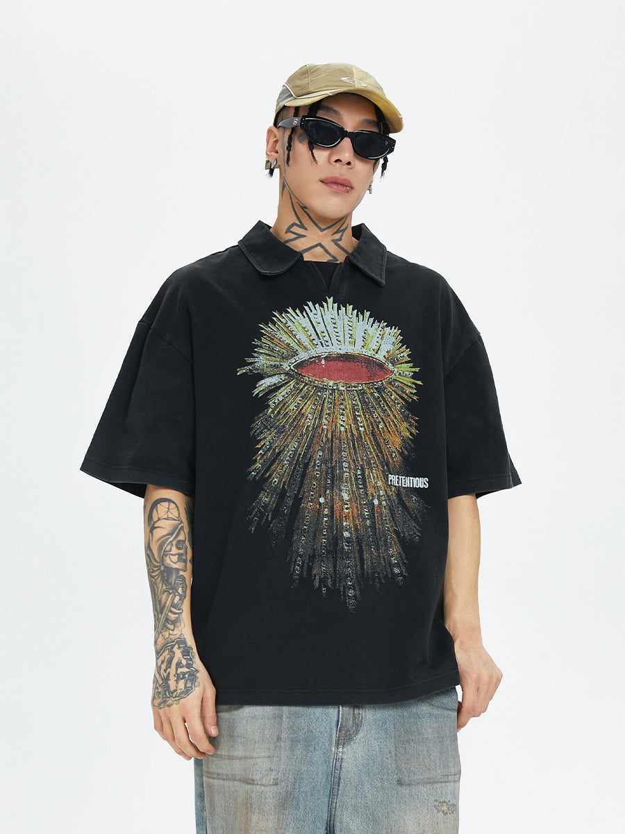 F2CE Washed Distressed Printing Polo Shirt