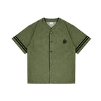 ANTIDOTE Embroidered Letters Denim Baseball Short Sleeve Shirt