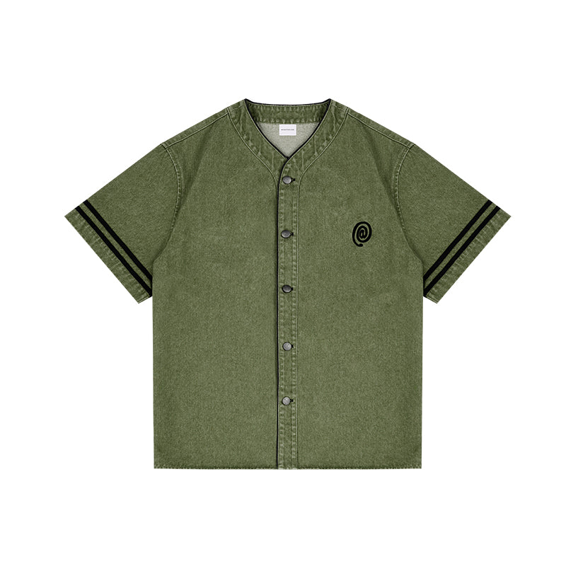 ANTIDOTE Embroidered Letters Denim Baseball Short Sleeve Shirt
