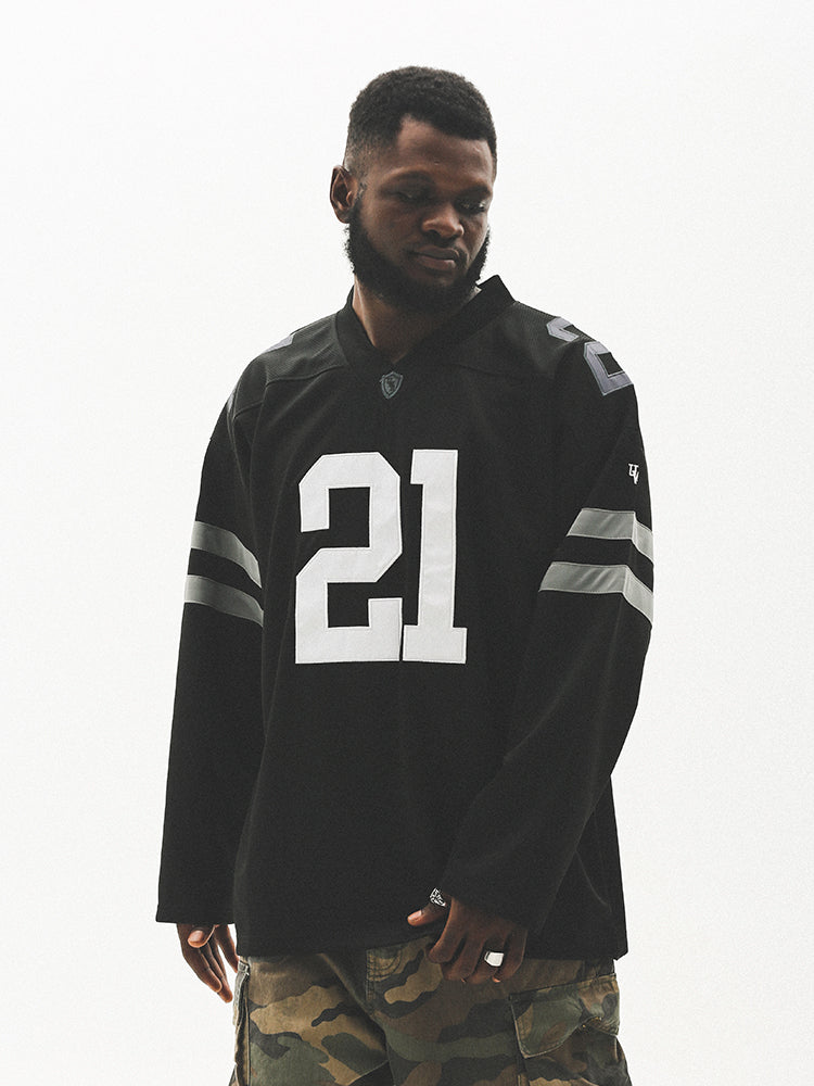 UNTILWERICH Mesh Quilting Embroidered Long Sleeve Hockey Jersey