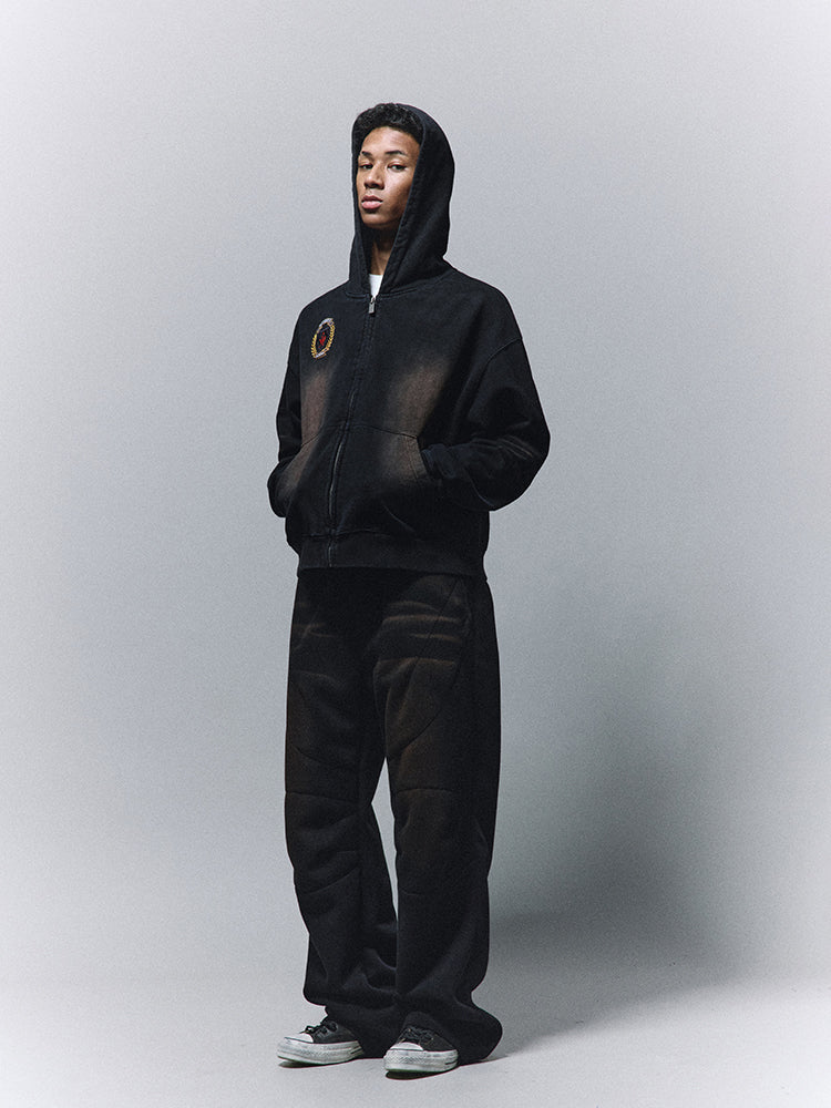 ANTIDOTE Washed Distressed Embroidery Badge Zip Up Hoodie