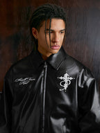Small Town Kid Pearl Cross Logo PU Leather Racing Jacket