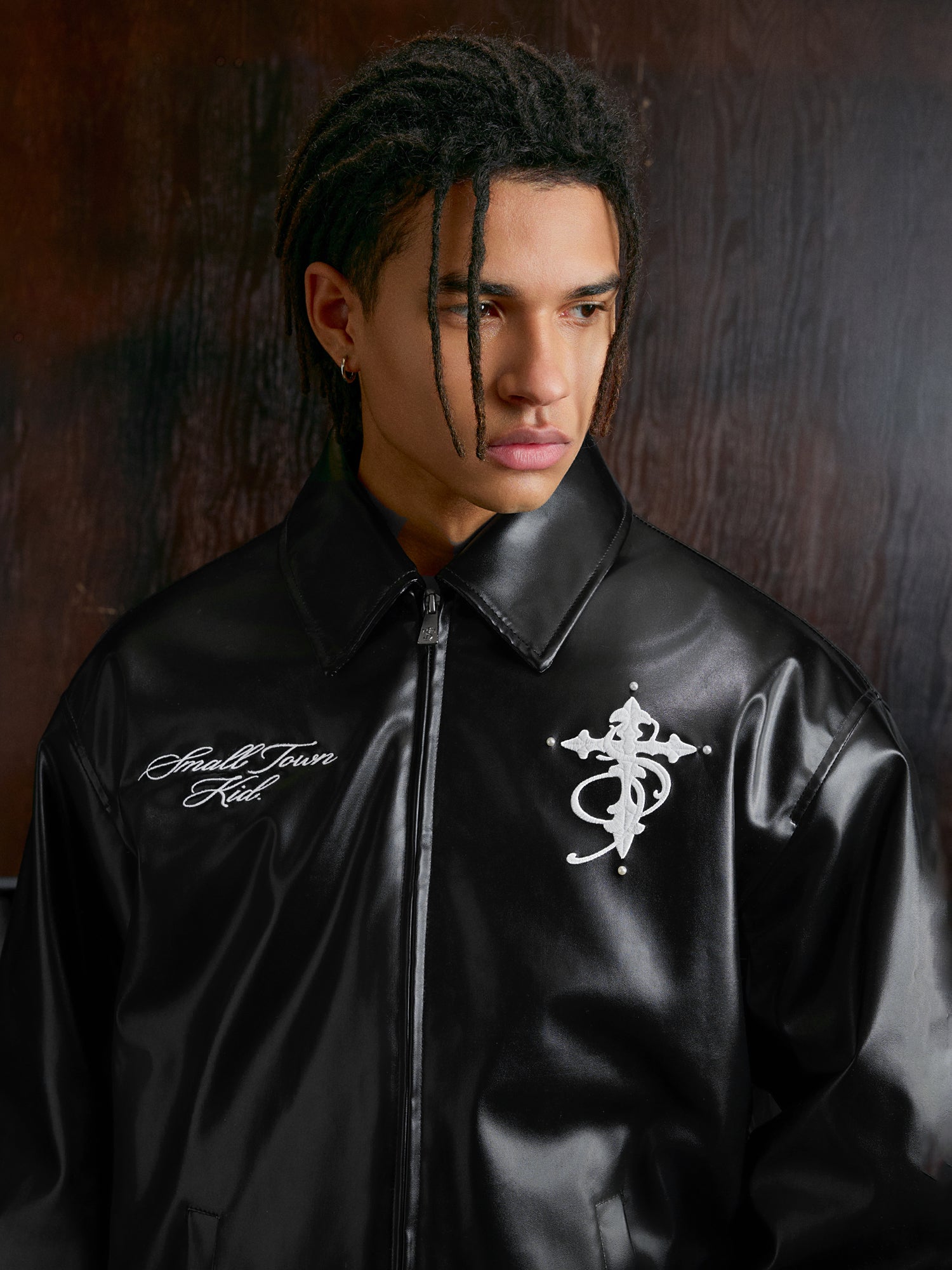 Small Town Kid Pearl Cross Logo PU Leather Racing Jacket