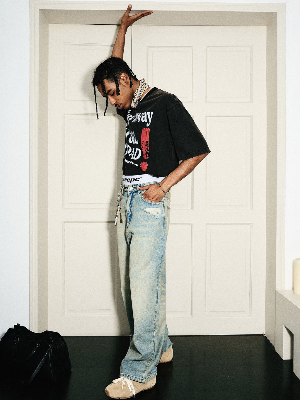STEEPC Washed Vintage Pockets Deconstructed Baggy Jeans