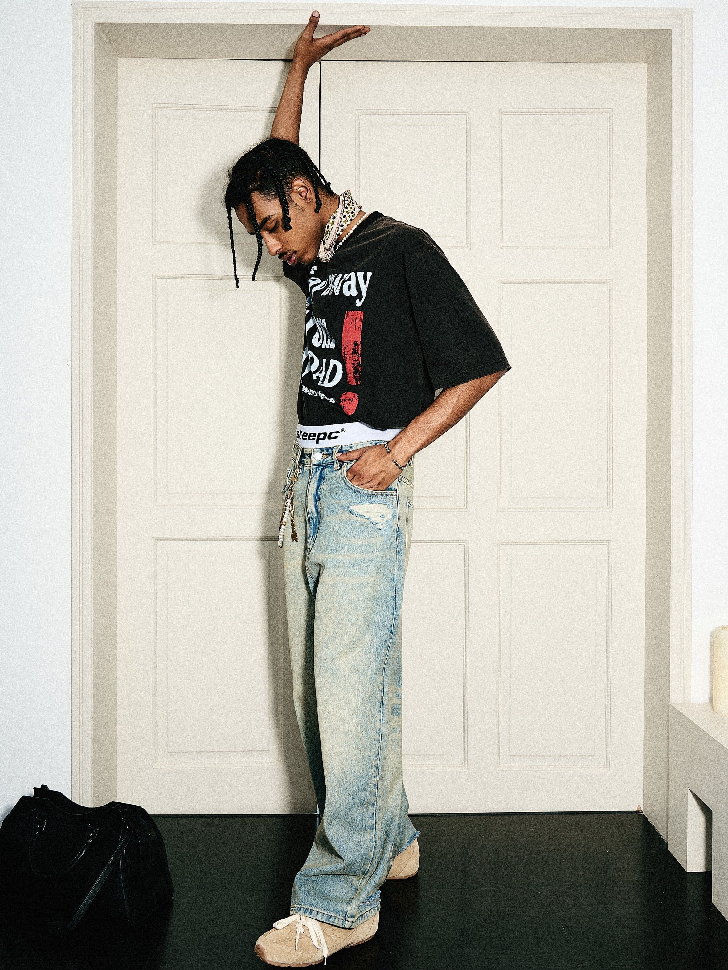 STEEPC Washed Vintage Pockets Deconstructed Baggy Jeans