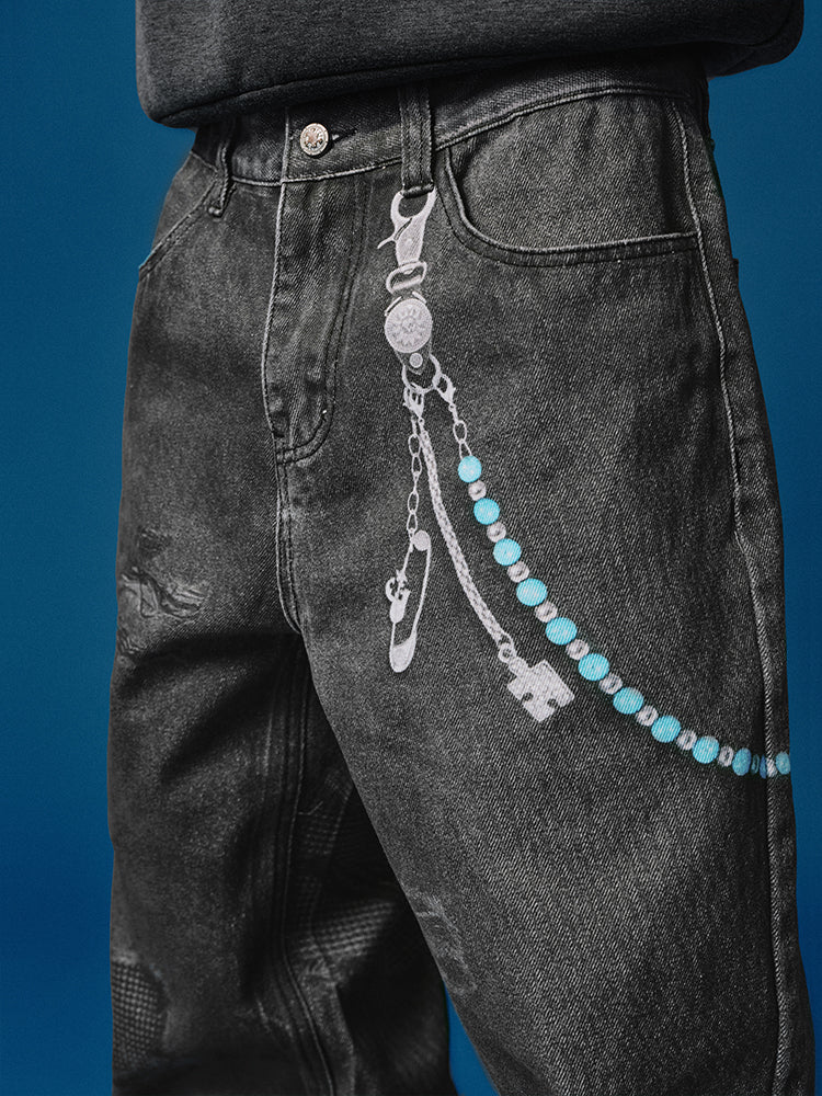 YADcrew Chain Embossed Print Jeans