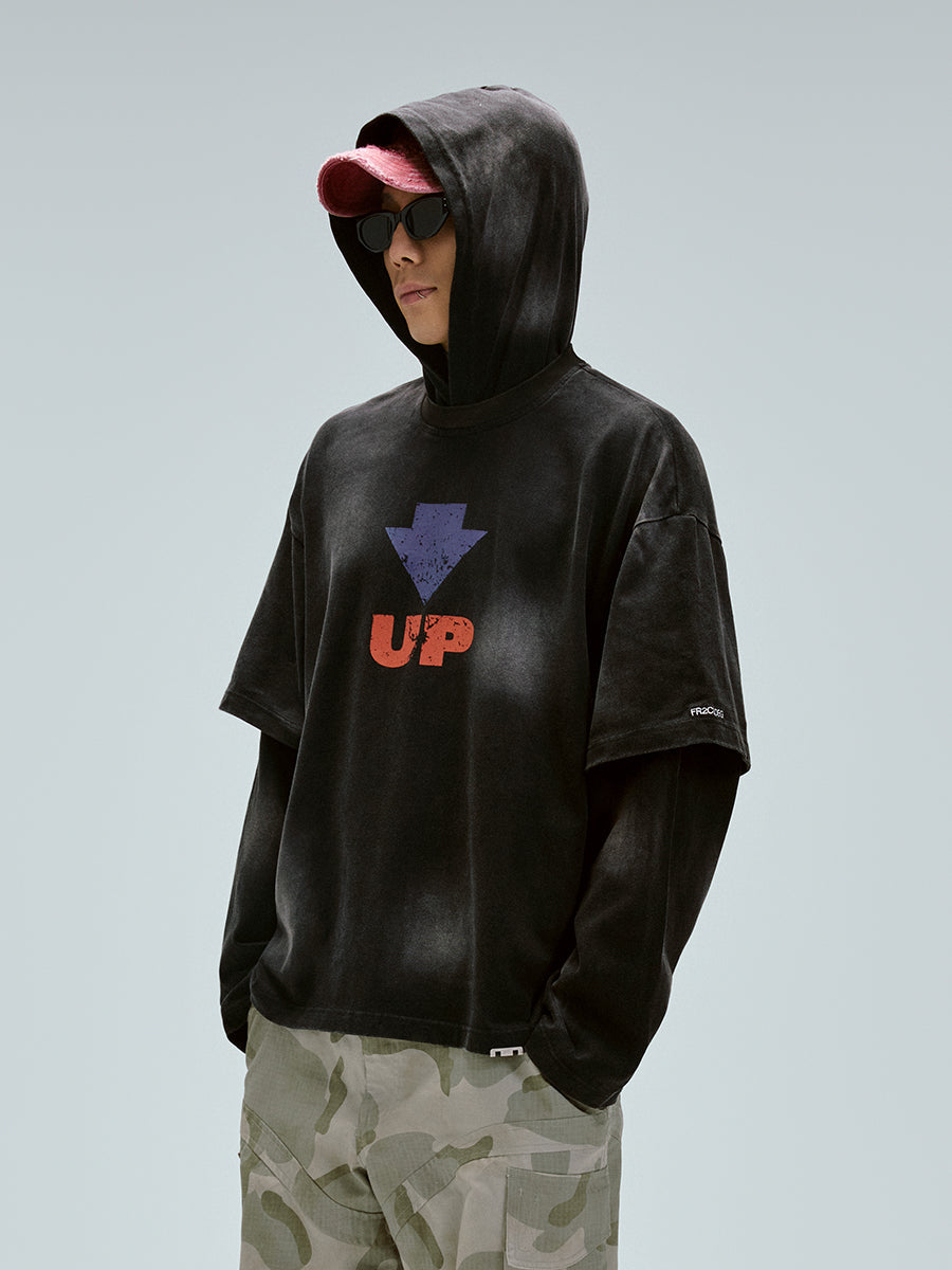 F2CE Dirty Dye Printed Fake Two-Piece Layering Hoodie