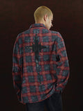 DICETINY Embroidered Leather Metal Logo Button Plaid Long Sleeved Shirt