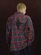 DICETINY Embroidered Leather Metal Logo Button Plaid Long Sleeved Shirt