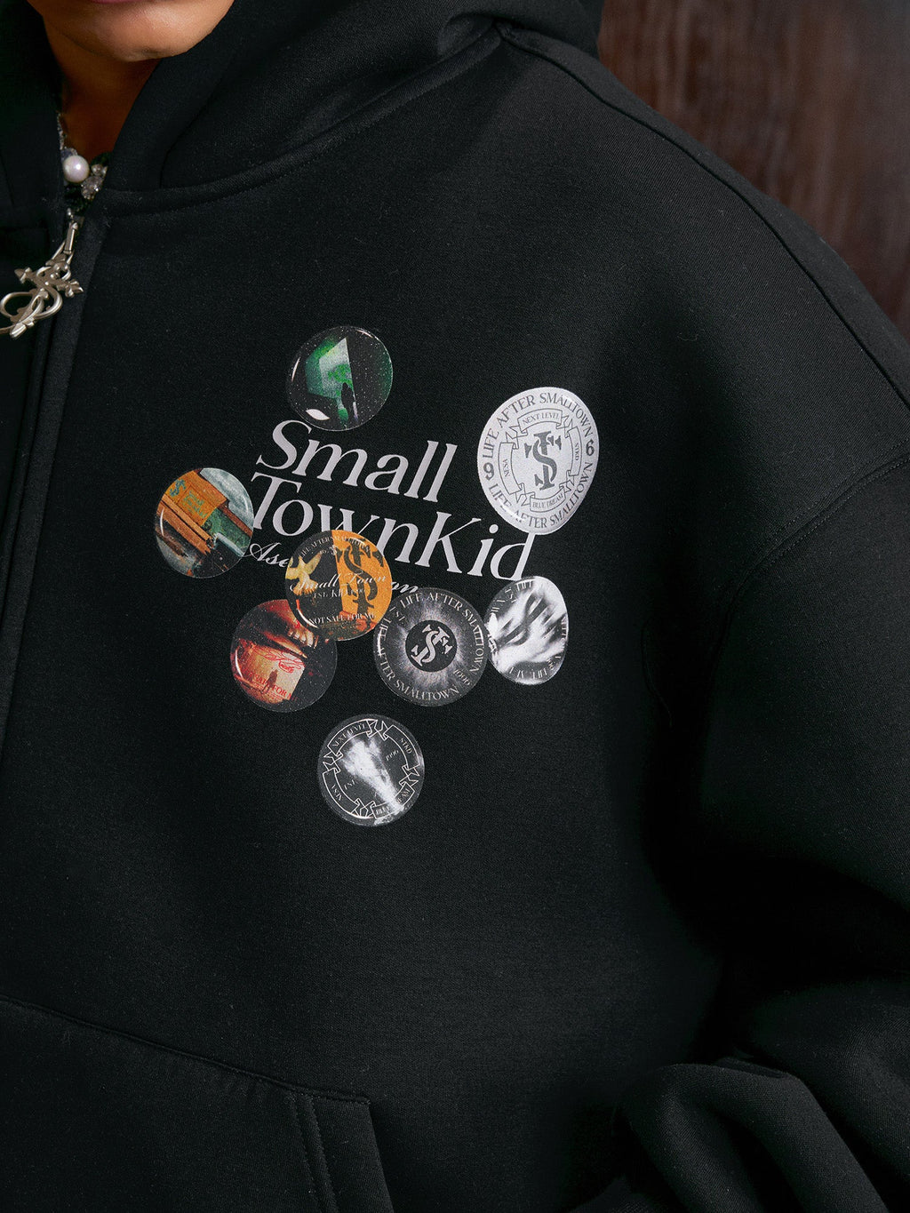 Small Town Kid Badge Logo Print Zip Up Hoodie