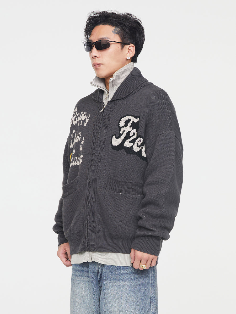F2CE Embroidered Patchwork Zipper Knit Cardigan