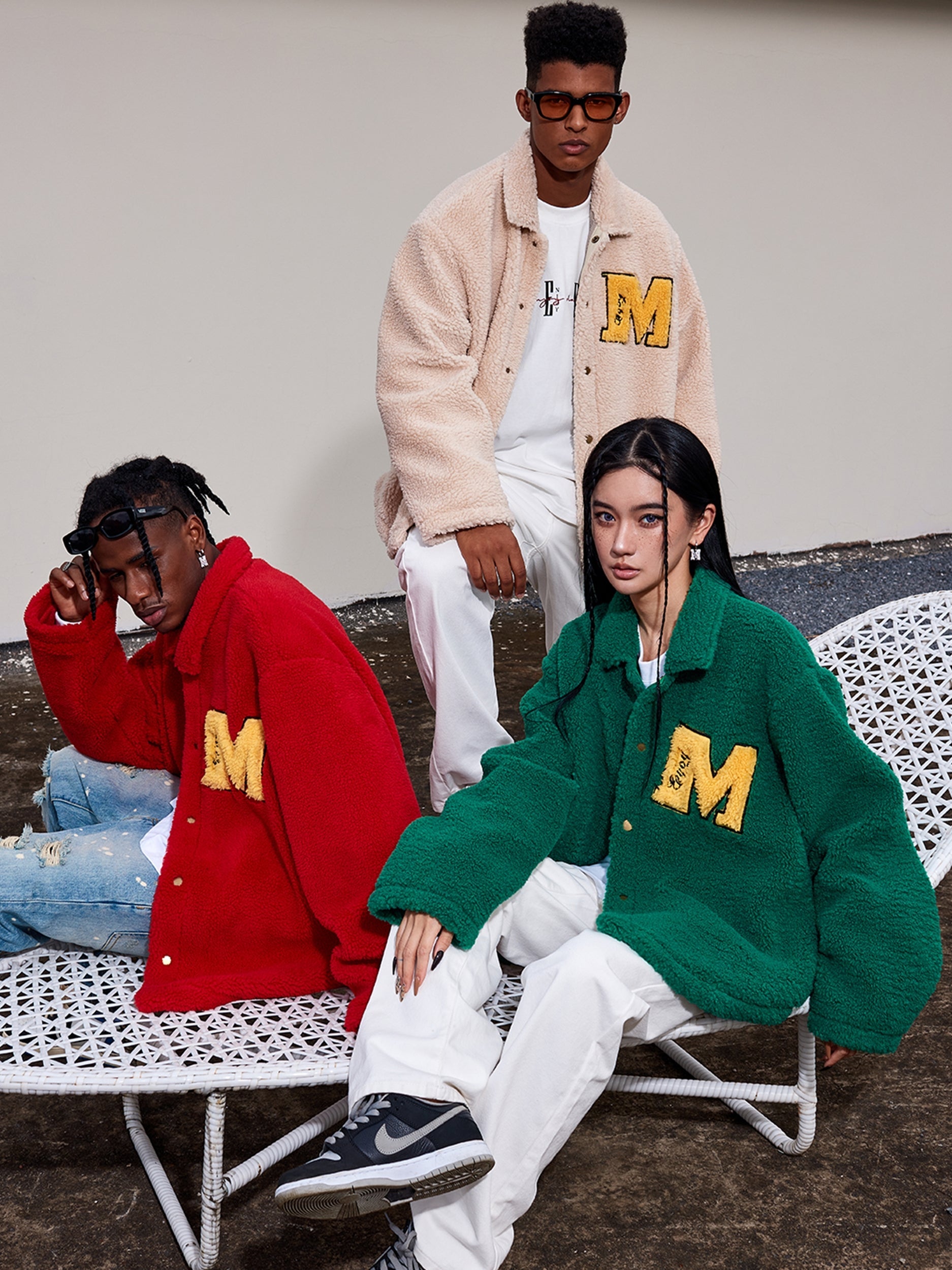 MEDM Logo Letters Embroidered Sherpa Fleece Boa Jacket