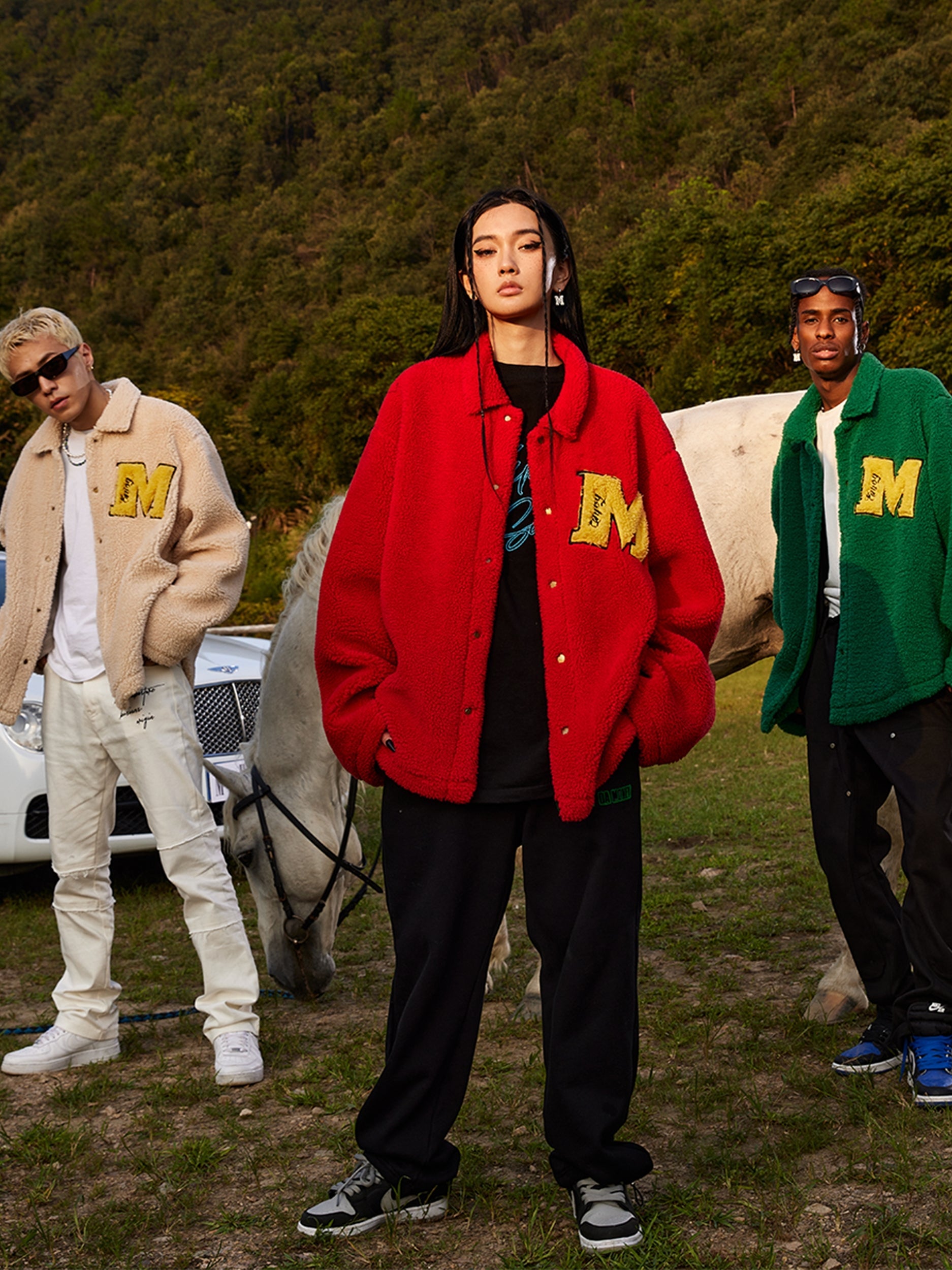 MEDM Logo Letters Embroidered Sherpa Fleece Boa Jacket