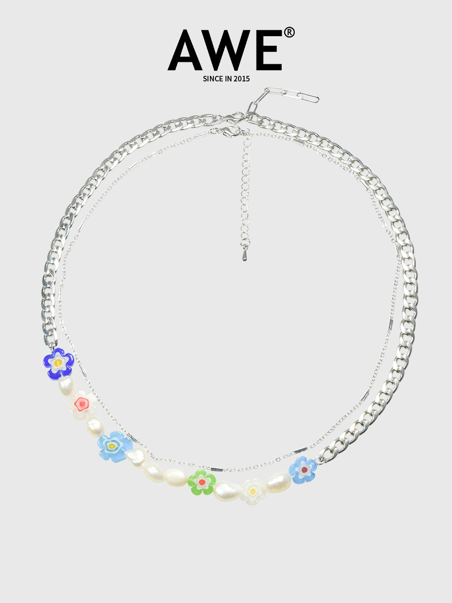 AWE Double Chain Flower Pearl Necklace