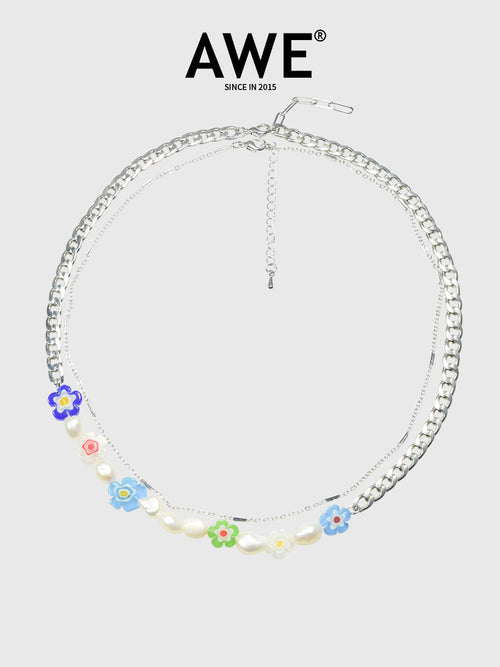 AWE Double Chain Flower Pearl Necklace