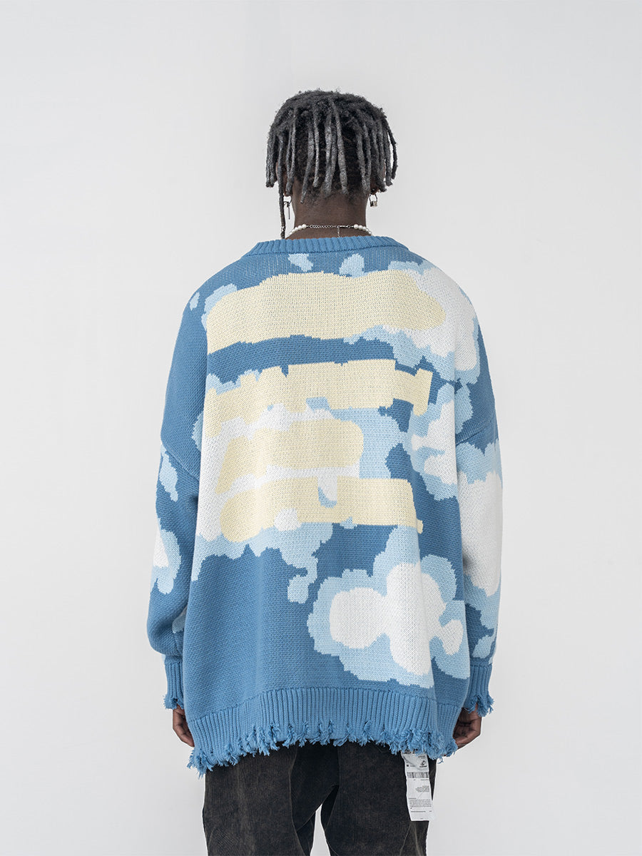 Harsh and Cruel Blue Sky Cloud Ripped Knit Sweater