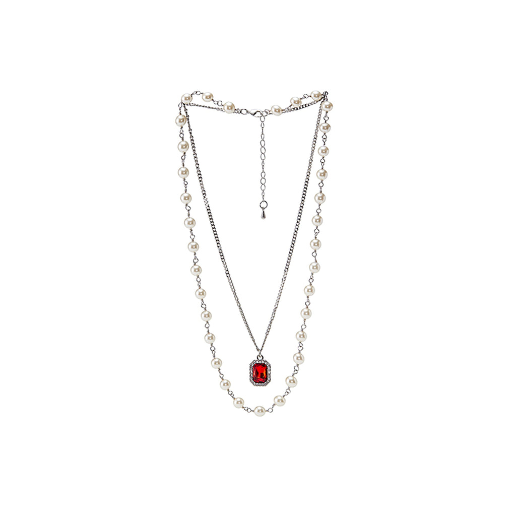 NboStore Pearl Stitching Red Gemstone Necklace