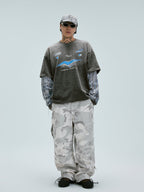 F2CE Washed Racing Patchwork Crackle Printed Long Sleeve Tee