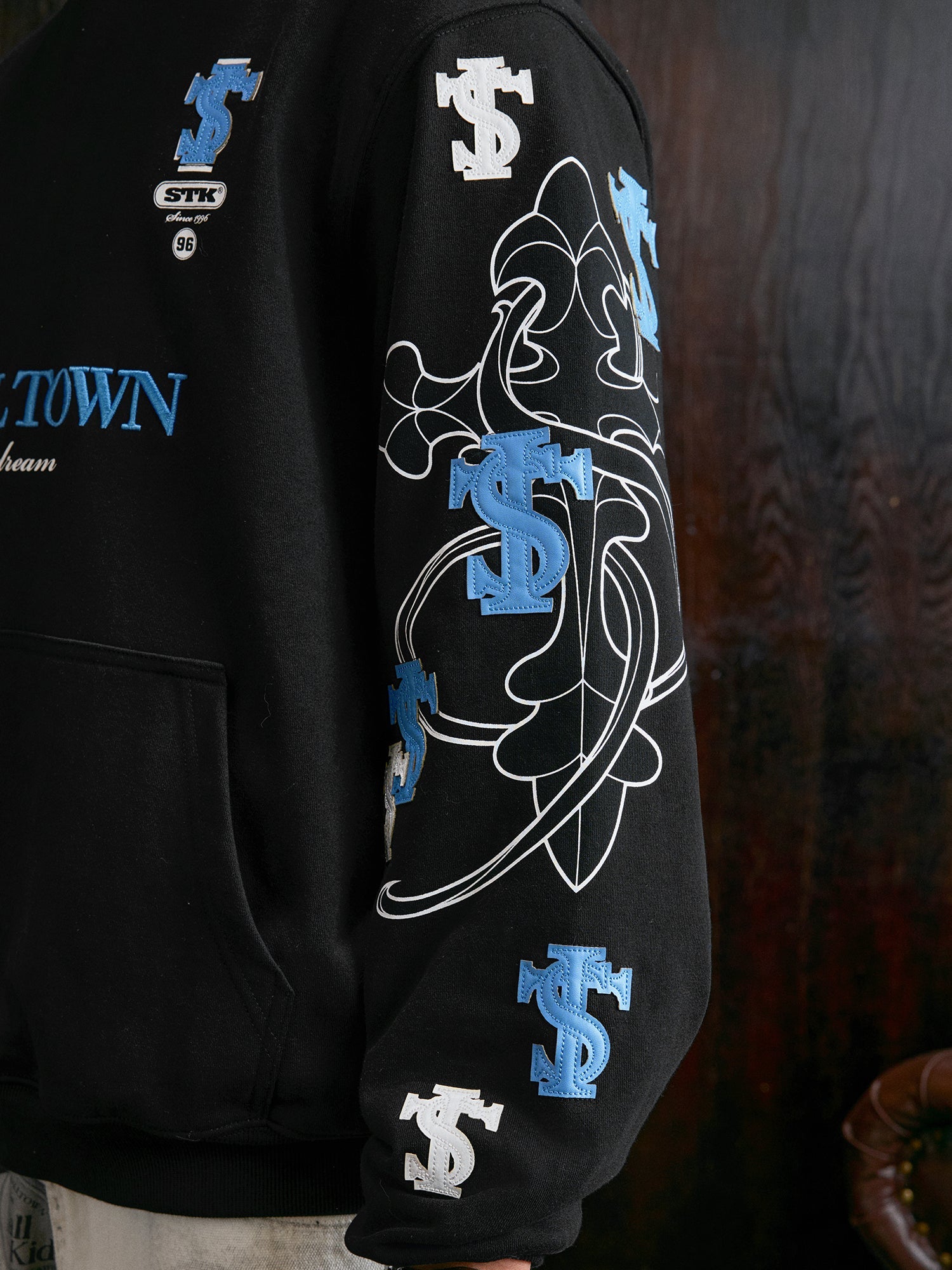 Small Town Kid Cross Print Patch Logo Leather Hoodie