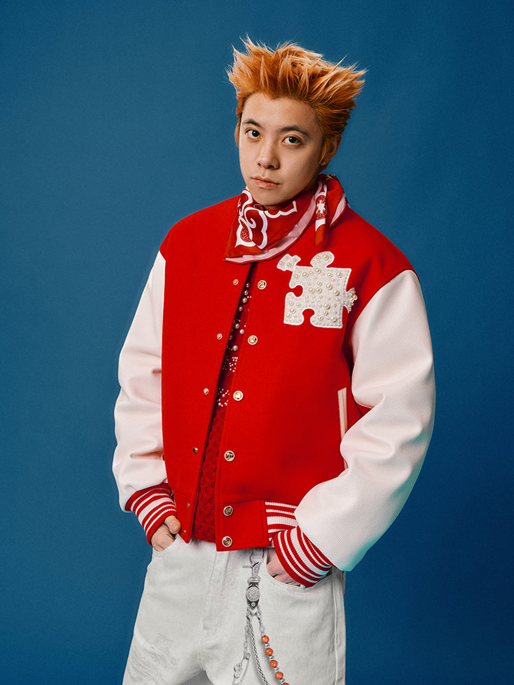 YADcrew Puzzle Snake Pearl Varsity Jacket
