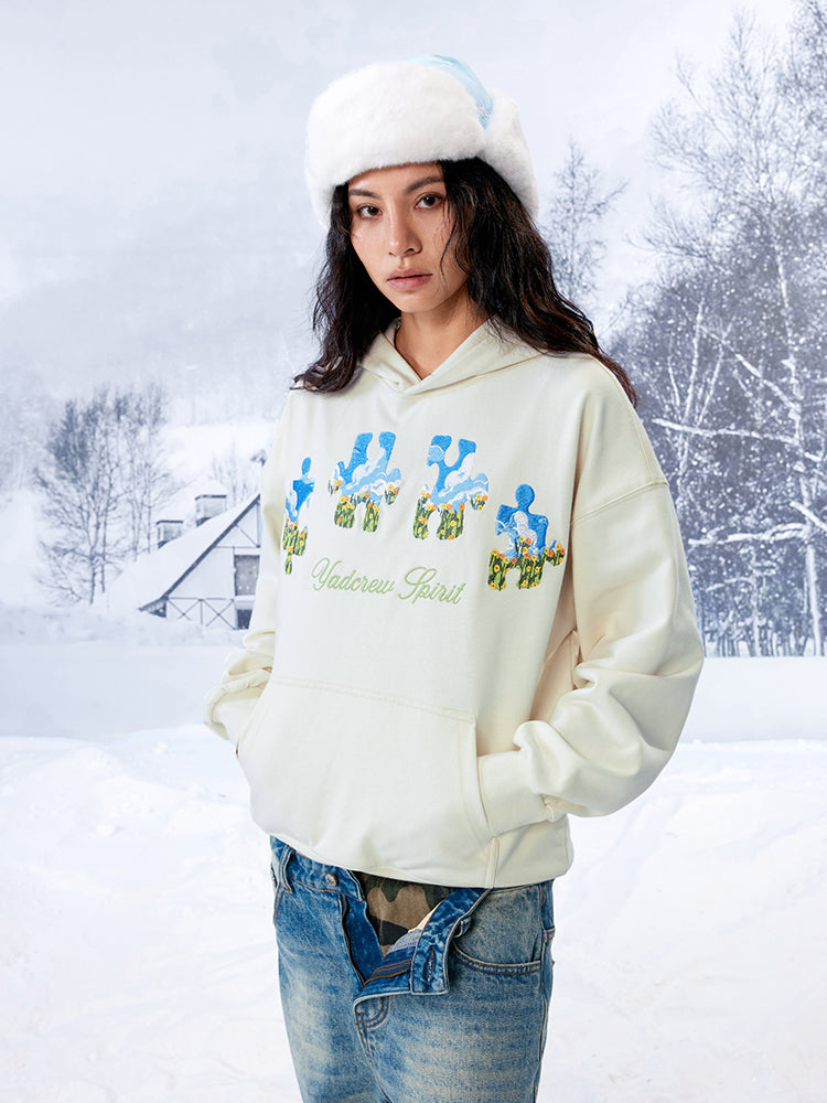 YADcrew Blue Sky Flower Puzzle Embroidery Hoodie