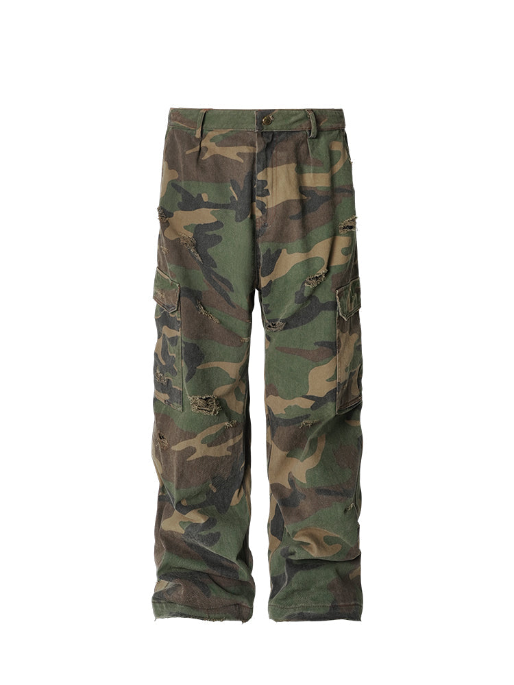 ANTIDOTE Camouflage Washed Hole Baggy Cargo Pants