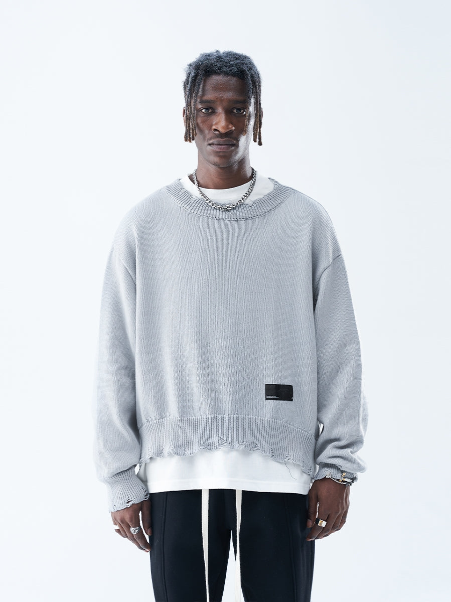Harsh and Cruel Patch Label Distressed Knit Sweater